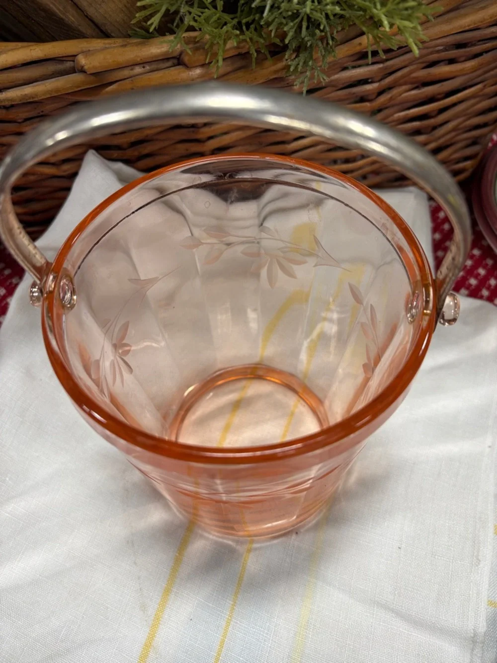 Pink Etched Glass Ice Bucket with Silver Handle